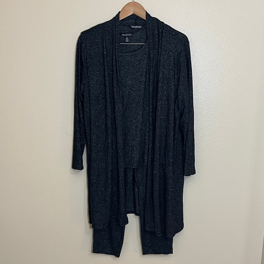 3pc Set Nina Leonard Grey Lounge Set Cardigan Tank Pants